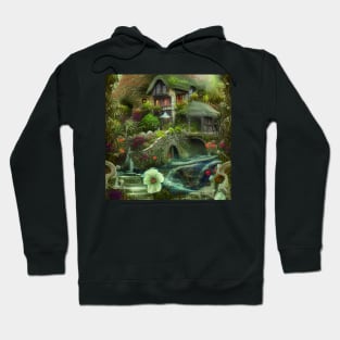 Sparkling Fantasy Cottage with Lights and Glitter Background in Forest, Scenery Nature Hoodie